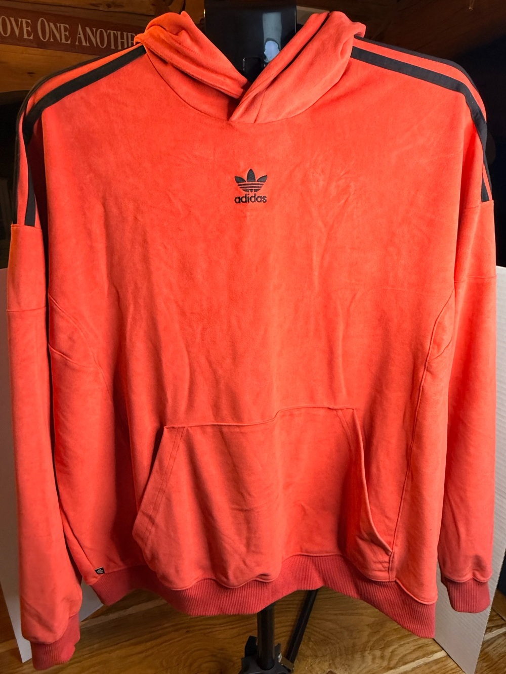 adidas Coral Red Hooded Sweatshirt with Black Shoulder Stripes, Men’s Medium EUC